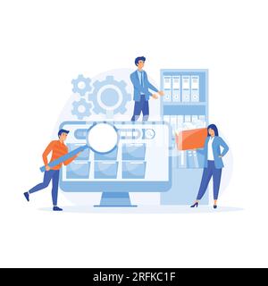 Concept de stockage de l'information, les personnes prenant des documents à l'aide de la loupe et la recherche de fichiers dans la base de données électronique, vecteur plat illustratio moderne Illustration de Vecteur