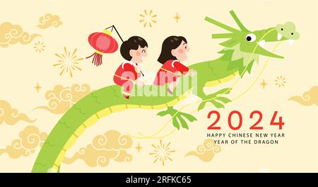 Mignon nouvel an chinois 2024 carte de voeux enfants avec illustration vectorielle dragon. Enfants chevauchant dragon chinois et tenant la lanterne en papier. Illustration de Vecteur