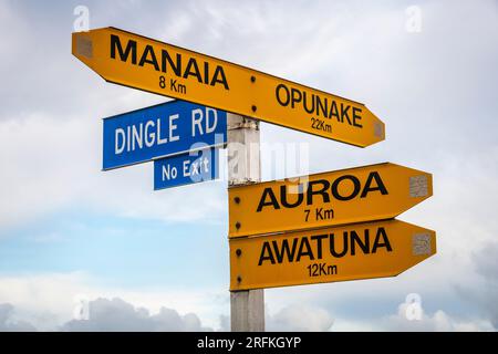 Panneau routier, près de Manaia, Taranaki, Île du Nord, Nouvelle-Zélande Banque D'Images