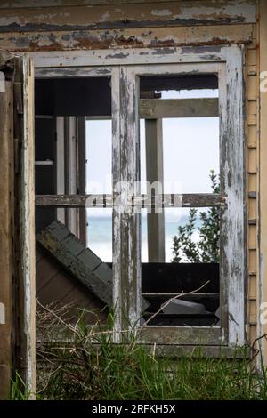 Maison abandonnée, Cap Egmont, Taranaki, Île du Nord, Nouvelle-Zélande Banque D'Images
