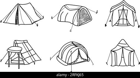 ensemble de tentes pour le camping, noir et blanc utilisé style d'art de ligne Illustration de Vecteur