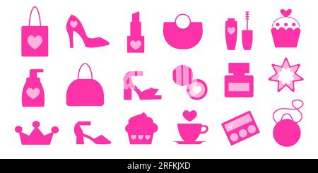 Accessoires beauté ensemble d'icônes de poupée rose. Tenue pour fille Illustration de Vecteur