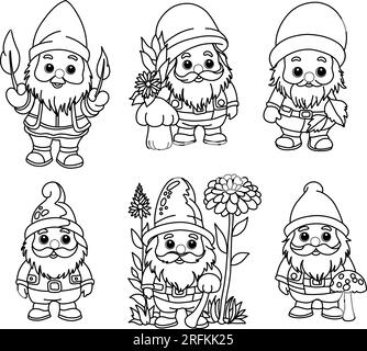 Définir des pages à colorier avec des gnomes, page à colorier d'automne Illustration de Vecteur