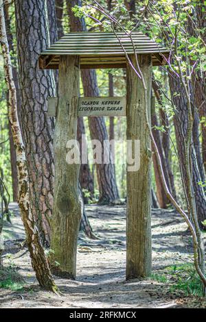 Panneau en bois à l'entrée Olando Kepure Trail parmi les collines, les dunes et la forêt de pins sur la mer Baltique Lithuanie bord de mer, vertical Banque D'Images