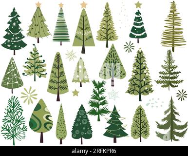 Collection vectorielle dessinée à la main d'arbres de Noël, ornée d'ornements festifs, d'étoiles, de flocons de neige. Symboles de Noël parfaits pour le web, bannière, carte. Vecteur. Illustration de Vecteur