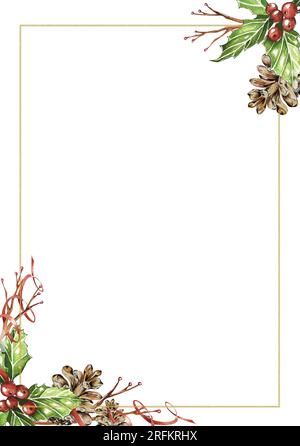 Collection de cartes postales aquarelles avec Noël et hiver. Poinsettia, houx, jouets d'arbre de Noël, symboles de vacances. Convient à la conception de poteau Banque D'Images