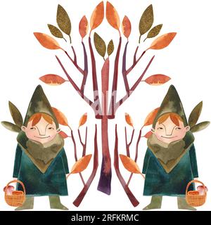 L'aquarelle compose avec des gnomes d'automne. Illustration isolée. Clipart. Illustration raster pour emballages, cartes de vœux, cartes postales et invitations. Banque D'Images