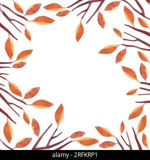 Cadre aquarelle avec arbre d'automne wuith feuilles orange. Clipart isolé. Illustration raster pour emballage, cartes de vœux, cadeaux Banque D'Images