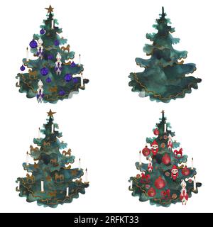 Arbre de noël décoré à l'aquarelle. Illustration isolée. Clipart. Illustration raster pour emballages, cartes de vœux et papier d'emballage Banque D'Images