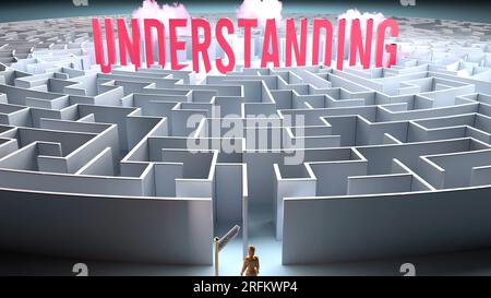 Une personne vulnérable devant un gros obstacle et un défi pour trouver un chemin vers la compréhension. Une lutte de passer par un labyrinthe de difficultés et Banque D'Images