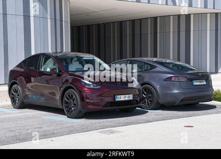 Zirovnica, Slovénie - 27 juillet 2023 : un cliché statique de la Model S Plaid et de la Model y Cherry en charge à la station de charge AC du siège de N.Gen dans un soleil Banque D'Images