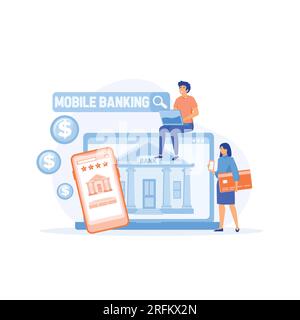 Concept de banque mobile et de paiement en ligne. Personnes utilisant un ordinateur portable et un téléphone intelligent mobile pour les services bancaires et la comptabilité en ligne. vecteur plat illustrati moderne Illustration de Vecteur