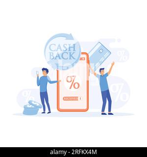 Concept de cashback en ligne. Des gens heureux recevant du cashback pour un acheteur. illustration moderne vectorielle plate Illustration de Vecteur