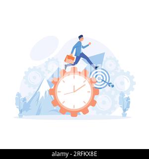 Concept de gestion du temps, homme d'affaires courir le long de l'engrenage en forme d'horloge. illustration moderne vectorielle plate Illustration de Vecteur