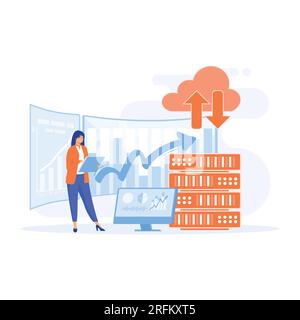 Big Data et Cloud Computing, personnages d'affaires utilisant des serveurs distants pour analyser de grands ensembles de données et reconnaître les erreurs, vecteur plat moderne il Illustration de Vecteur