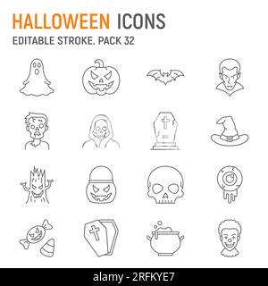 Jeu d'icônes de ligne Halloween, collection de vacances, graphiques vectoriels, illustrations de logo, icônes vectorielles effrayantes, signes d'halloween, pictogrammes de contour, trait modifiable Illustration de Vecteur