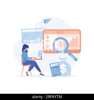 femme vérifiant et payant les factures de services publics en ligne sur son ordinateur, elle vérifie le relevé. illustration moderne vectorielle plate Illustration de Vecteur