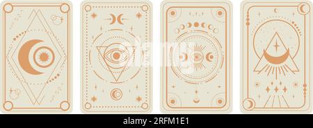 Cartes de Tarot sur fond blanc. Symboles de croissant, d'étoiles et d'yeux magiques. Symbolisme du tarot. Mystère, astrologie, ésotérique. Illustration vectorielle Illustration de Vecteur