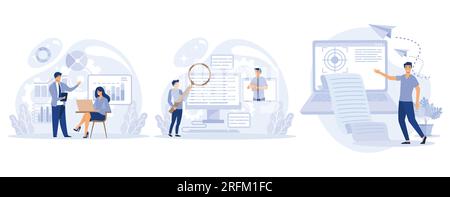 Concept de spécifications de développement de projet, analyse d'entreprise, description des exigences logicielles, document de vision et de portée, ensemble vecteur plat moderne Ill Illustration de Vecteur