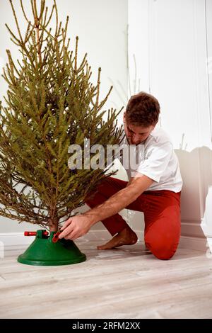 Un jeune homme installe un sapin de Noël dans son appartement. Beau gars va décorer un sapin vivant pour célébrer Noël et le nouvel an dans sa maison Banque D'Images