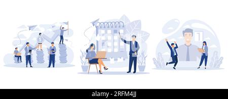 Graphique des personnes ascendantes par pièces de monnaie. Croissance financière, capacité à distinguer les tâches importantes secondaires, équipe travaillant sur la création gagnant potentiel, Set Illustration de Vecteur