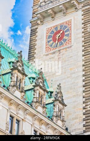 Façade ornée de l'Hôtel de ville de Hambourg (Hamburg Rathaus) construite entre 1886 et 1897, Rathausmarkt, Hamburg-Altstadt, Hambourg, Allemagne Banque D'Images