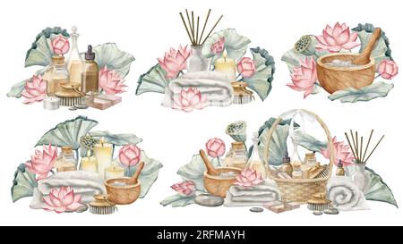 Cosmétiques de soins du corps pour Spa. Aquarelle dessinée à la main ensemble d'illustrations sur fond isolé. Dessin de produit de soins de la peau avec lotus pour invitations de salon. Clipart en couleurs pastel pour la cosmétologie. Banque D'Images