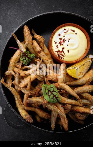 Poisson frit avec sauce, bière hors-d'œuvre, sur béton gris Banque D'Images