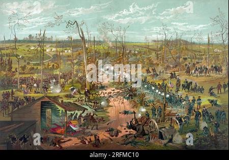 Bataille de Shiloh, le 6 avril 1862. Une route ; route ; Corinthe peut-être séparer l'Union des forces sous le commandement du général U.S. Grant ; sur la droite ; et le Les forces confédérées sur la gauche ; dans un bâtiment détruit ; au milieu des combats, se dresse une 'GNADE Esperanza Harvester & Binder Ficelle' ; intact par le canon de fusil et le feu. Cette publicité imprimer des copies d'une partie de Théophile Poilpot panorama peint. Banque D'Images