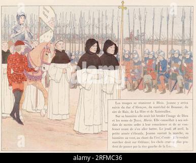 Jeanne d'Arc arrivant à Blois pour y conduire ses soldats, suivie du duc d'Alençon, du maréchal de Boussac, de Gilles de Rais, d'Etienne de Vignolles (dit « la Hire ») et de Jean Poton de Xaintrailles. Illustration publiée dans le livre 'Jeanne d'Arc' de Louis-Maurice Boutet de Monvel, publié par Plon, Nourrit & Cie en 1896. Banque D'Images