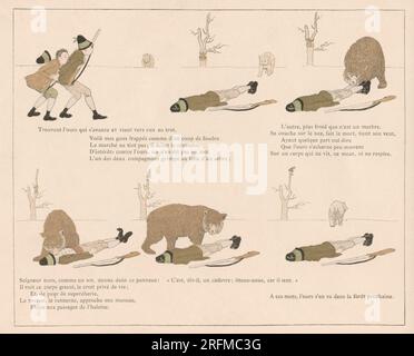 L'ours et les deux compagnons, planche II Planche illustrée par Louis-Maurice Boutet de Monvel et publiée dans 'la Fontaine : fables choisies pour les enfantss' par Plon, Nourrit et Cie (Paris), en 1888. Banque D'Images