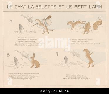 Le chat, la belette et le petit lapin, assiette I. Planche illustrée par Louis-Maurice Boutet de Monvel et publiée dans 'la Fontaine : fables choisies pour les enfantss' par Plon, Nourrit et Cie (Paris), en 1888. Banque D'Images