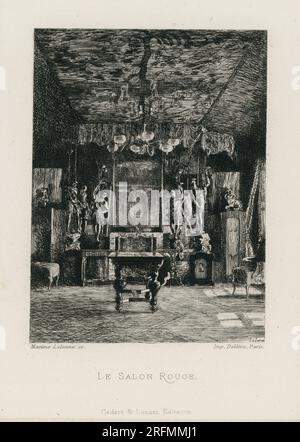 La chambre rouge de Hauteville House, demeure de Victor Hugo durant les quatorze dernières années de son exil à Guernesey. Illustration tirée du livre 'chez Victor Hugo par un passant' écrit par Charles Hugo et illustré de 12 gravures de Maxime Lalanne, publié par A. Cadart et Luquet en 1864. Banque D'Images