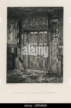 Porte de la galerie de chêne de Hauteville House, demeure de Victor Hugo durant les quatorze dernières années de son exil à Guernesey. Illustration tirée du livre 'chez Victor Hugo par un passant' écrit par Charles Hugo et illustré de 12 gravures de Maxime Lalanne, publié par A. Cadart et Luquet en 1864. Banque D'Images