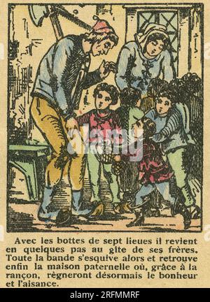 'Hop-o'-My-Thumb' : les enfants rentrent à la maison avec l'argent. Image d'Épinal tirée de l'Histoire du petit Poucet écrite par Charles Perrault, d'une illustration de Charles Pinot et publiée entre 1875 et 1888. Banque D'Images