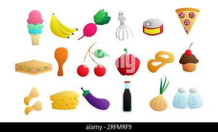 Ensemble de 15 icônes d'articles de la nourriture délicieuse et des collations pour un café bar restaurant sur un fond blanc : crème glacée, légumes, fruits, fruits de mer, g cuit au four Illustration de Vecteur