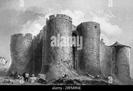 Une illustration de la fin du 18e siècle du château de Limerick, mieux connu sous le nom de King John's Castle, en Irlande, par W. H. Bartlett. Le château du 13e siècle, situé sur King's Island à Limerick, en Irlande, à côté de la rivière Shannon, a été construit sur ordre du roi Jean d'Angleterre en 1200. Les murs ont été gravement endommagés lors du siège de Limerick en 1642. En 1642, le château est occupé par des protestants fuyant la rébellion irlandaise de 1641 et est assiégé par une force confédérée irlandaise qui sape les murs du château du roi Jean en creusant leurs fondations. Banque D'Images