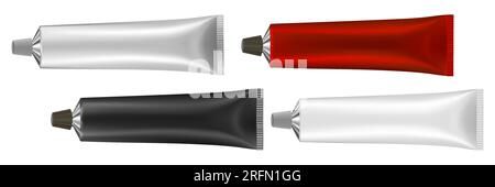 Lot de 4 tubes multicolores. Illustration vectorielle de crème ou tube de dentifrice. Pommade. Salve. Tube de colle. Peinture à l'huile. Noir, rouge, argent et blanc méta Illustration de Vecteur