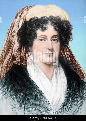 Emma Hart Willard (1787-1870) était une militante américaine de l'éducation féminine qui a fondé la première école pour l'enseignement supérieur des femmes, le Troy Female Seminary à Troy, New York. Avec le succès de son école, Willard a pu voyager à travers le pays et à l'étranger, pour promouvoir l'éducation des femmes. Portrait circa 1805-1815. Colorisé. Banque D'Images