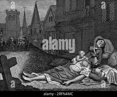 Deux femmes mortes dans une rue de Londres pendant la grande peste, 1665, dont une avec un enfant encore vivant. Gravure d'après R. Pollard II, c. 19th C. Banque D'Images