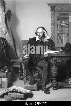 William Shakespeare (baptisé le 26 avril 1564 - 23 avril 1616), poète et dramaturge anglais. Imaginé ici dans son bureau. Mezzotint, gravure de stipple, gravure et gravure au trait par John Faed, 1859. Banque D'Images