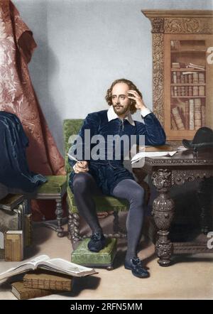 William Shakespeare (baptisé le 26 avril 1564 - 23 avril 1616), poète et dramaturge anglais. Imaginé ici dans son bureau. Mezzotint, gravure de stipple, gravure et gravure au trait par John Faed, 1859. Banque D'Images