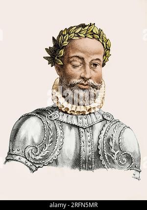 Luis de Camoes (c. 1524 ou 1525 - 10 juin 1580) est considéré comme le plus grand poète du Portugal, surtout connu pour son œuvre épique les Lusiades. Le jour de sa mort, le 10 juin, est la fête nationale du Portugal. Gravure anonyme, 1854. Banque D'Images