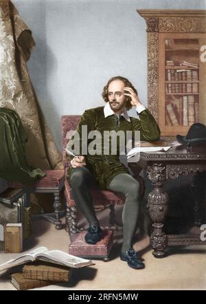 William Shakespeare (baptisé le 26 avril 1564 - 23 avril 1616), poète et dramaturge anglais. Imaginé ici dans son bureau. Mezzotint, gravure de stipple, gravure et gravure au trait par John Faed, 1859. Banque D'Images