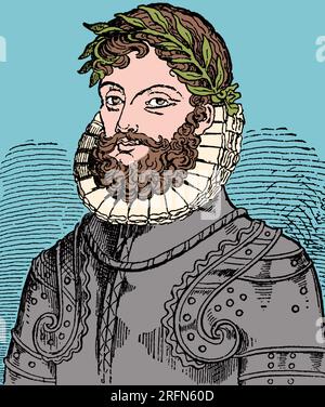 Luis de Camoes (c. 1524 ou 1525 - 10 juin 1580) est considéré comme le plus grand poète du Portugal, surtout connu pour son œuvre épique les Lusiades. Le jour de sa mort, le 10 juin, est la fête nationale du Portugal. Illustration, George J. Hagar, vers 1916. Colorisé. Banque D'Images