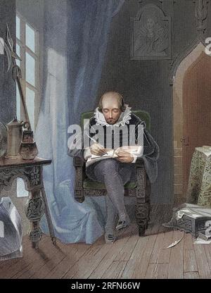 William Shakespeare (baptisé le 26 avril 1564 - 23 avril 1616), poète et dramaturge anglais. Gravure au trait, gravure en pointillés et gravure sur papier tissé par Albert Henry Payne, 1812-1902, d'après Lilburne Hicks, actif 1830-1861. Colorisé. Banque D'Images