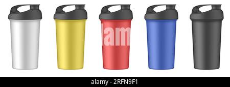 Ensemble de tasses de sport multicolores ou bouteilles pour l'eau. Boisson protéinée shake. Tasses de voyage blanches, dorées, rouges, bleues et noires. Mug Thermo. Bouteille de bicyclette Illustration de Vecteur