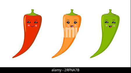 Ensemble de trois piments Chili ou jalapeno colorés : rouge, orange et vert. Personnage de dessin animé Kawaii Illustration de Vecteur