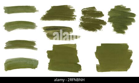 Coups de pinceau grungy peints à la main avec de la peinture olive sombre isolé sur blanc. Ensemble d'arrière-plans texturaux pour le texte. Texture d'encre abstraite, design sale el Banque D'Images