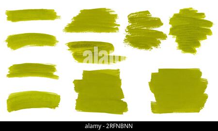 Coups de pinceau grungy peints à la main de peinture jaune-vert isolés sur blanc. Ensemble d'arrière-plans texturaux pour le texte. Texture d'encre abstraite, design sale el Banque D'Images